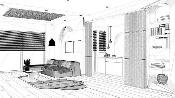Blueprint Project Draft Modern Wooden Kitchen Living Room Sofa Carpet — Stock Photo, Image