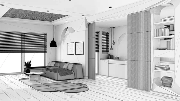 Unfinished project draft, modern wooden kitchen and living room, sofa with carpet and side table, sliding door, shelves. Window with blinds, parquet and cane ceiling. Interior design