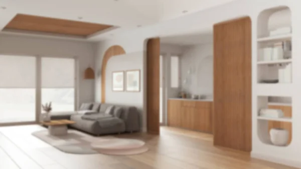 Latar Belakang Kabur Dapur Kayu Modern Dan Ruang Tamu Sofa — Stok Foto