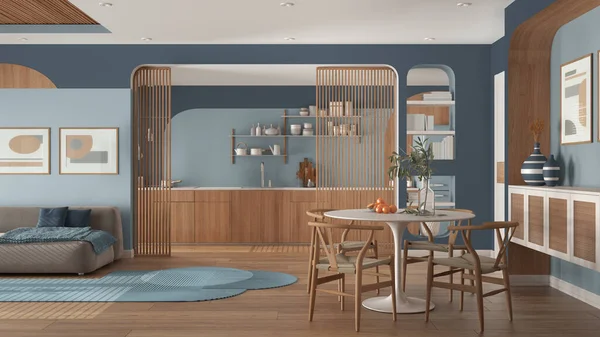 Bucătărie Modernă Living Sufragerie Tonuri Albastre Canapea Catifea Covor Ușă — Fotografie, imagine de stoc