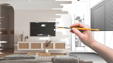 Proje taslağı, modern oturma odasının taslağı, el boyası iç dekorasyon fikri, parke döşeme, kanepe ve tuvalet, özel mobilyalar.