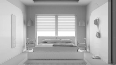 Tamamen beyaz proje taslağı, modern ahşap yatak odası, yastıklı ve battaniyeli kadife yatak, kolye lambaları, sandalyeler, elbise askısı. Parke, halı ve pencere. İç tasarım