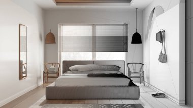 Mimar iç mimar konsepti: bitirilmemiş el yapımı taslak proje gerçeğe dönüşüyor, yatak odası, yastıklı yatak odası ve battaniyeli yatak, kolye lambaları. Parke, halı ve pencere