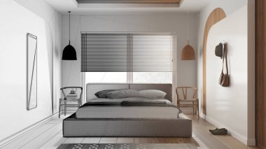 Mimar iç mimar konsepti: bitirilmemiş el yapımı taslak proje gerçeğe dönüşüyor, yatak odası, yastıklı yatak odası ve battaniyeli yatak, kolye lambaları. Parke, halı ve pencere