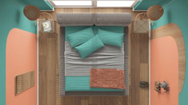 Turuncu ve turkuaz tonlarda modern ahşap yatak odası, yastıklı ve battaniyeli ana yatak, lambalar, sandalyeler. Parke, halı, perdeli pencere. Üst görünüm, plan, yukarıda, iç tasarım