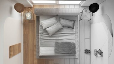 Mimar iç mimar konsepti: Yatak odası, yatak odası, yastıklar ve battaniye, kolye lambaları, sandalyeler gibi tamamlanmamış taslak projeler. Parke. Üst görünüm, plan, yukarıda