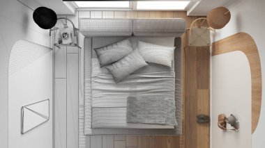 Mimar iç mimar konsepti: Yatak odası, yatak odası, yastıklar ve battaniye, kolye lambaları, sandalyeler gibi tamamlanmamış taslak projeler. Parke. Üst görünüm, plan, yukarıda