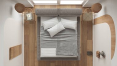 Bulanık arka plan, modern ahşap yatak odası, yastıklı kadife yatak, kolye lambaları, sandalyeler. Parke, halı, perdeli pencere. Üst görünüm, plan, yukarıda, iç tasarım