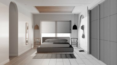 Mimar iç mimar konsepti: bitirilmemiş el yapımı taslak proje gerçeğe dönüşüyor, yatak odası, yastıklı yatak odası ve battaniyeli yatak, kolye lambaları. Parke, sürgülü kapı.