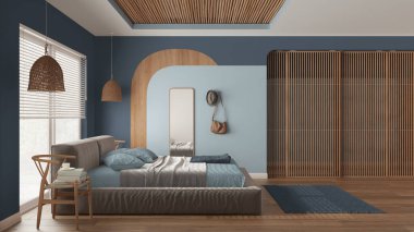 Modern ahşap yatak odası mavi tonlarda, yastıklı ve battaniyeli kadife yatak, rattan lambalar, ayna, sandalyeler, elbise askısı. Parke, halı, pencere, sürgülü kapı. İç tasarım