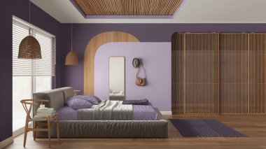 Modern ahşap yatak odası mor tonlarda, yastıklı ve battaniyeli kadife yatak, rattan lambalar, ayna, sandalyeler, elbise askısı. Parke, halı, pencere, sürgülü kapı. İç tasarım