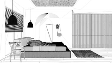 Proje taslağı, modern ahşap yatak odası, yastıklı ve battaniyeli kadife yatak, kolye lambaları, sandalyeler, elbise askısı. Parke, halı, ayna, sürgülü kapı. İç tasarım