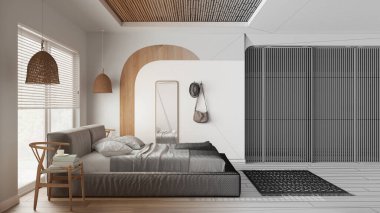 Mimar iç mimar konsepti: bitirilmemiş el yapımı taslak proje gerçeğe dönüşüyor, yatak odası, yastıklar ve battaniyeli yatak, kolye lambaları ve ayna. Parke, sürgülü kapı.