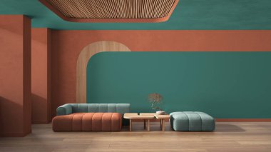 Turuncu ve turkuaz tonlarda zarif bir oturma odası, modern kanepe ve puf, bonsai kaplı ahşap masa, beton duvarlar. Parke, baston tavan. Uzayı kopyala Çağdaş iç tasarım