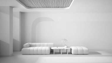 Tamamen beyaz proje taslağı, zarif oturma odası, modern kanepe ve puf, bonsai ile masa, dekorlu beton duvarlar. Parke ve baston tavan. Uzayı kopyala Çağdaş iç tasarım