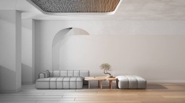 Mimari iç mimar konsepti: elle çizilmiş tamamlanmamış proje gerçek, oturma odası, kanepe ve puf, dekorlu beton duvarlar. Parke, baston tavan. Boşluğu kopyala