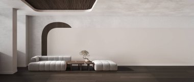 Panoramik oturma odası, koyu tonlar, kanepe ve puf, bonsai ile ahşap masa, beton duvarlar. Parke ve baston tavan. Uzayı kopyala Çağdaş iç tasarım fikri