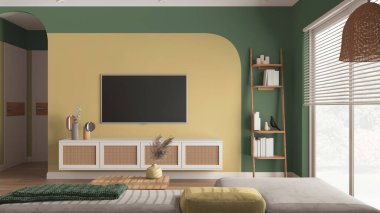 Modern ahşap oturma odası yeşil tonlarda, sehpalı kadife kanepe, televizyonlu rattan tuvalet, kitaplı ve dekorlu merdiven rafları. Panjurlu büyük bir pencere. İç tasarım