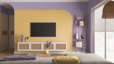 Sarı ve menekşe tonlarında modern ahşap oturma odası, sehpalı kadife kanepe, televizyonlu rattan tuvalet, dekorlu merdiven rafları. Panjurlu büyük bir pencere. İç tasarım