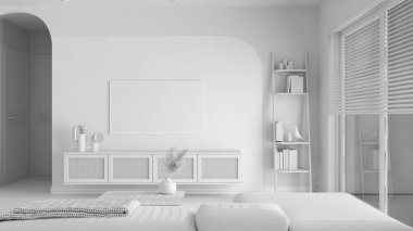 Tamamen beyaz proje taslağı, modern ahşap oturma odası sehpalı kadife kanepe, televizyonlu tuvalet, kitaplı ve dekorlu merdiven rafları. Panjurlu pencere. İç tasarım