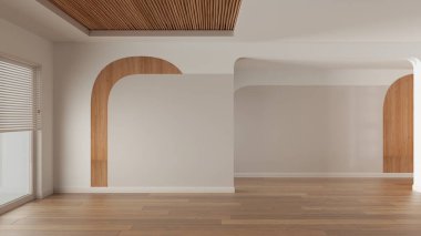 Boş oda iç tasarımı, parke ahşap zeminli açık alan, vantilatör panjurlu pencere, kamış tavan ve duvar dekorasyonu, modern mimari konsept fikri.