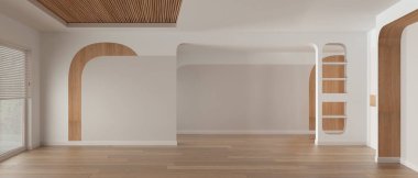 Boş oda iç tasarımı, panoramik manzara, parke ahşap zeminli açık alan, Venedik jaluzili pencere, baston tavan ve duvar dekorasyonu, modern mimari konsept fikri