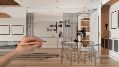 Parke zeminli boş beyaz iç döşeme, el çizimi özel mimari tasarım, siyah mürekkep çizimi, modern yaşam, yemek odası ve mutfağı gösteren plan, arka plan fikri