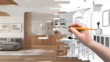 Proje taslağı, modern oturma odasının taslağı, el boyası iç dekorasyon fikri, parke döşeme, mutfak, sandalyeli yemek masası, kanepe, özel mobilya.