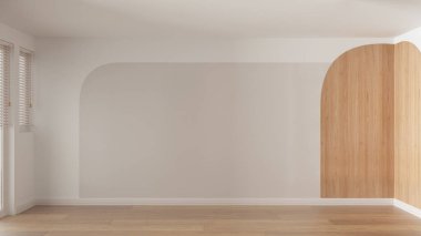 Boş oda iç tasarımı, meşe parke zeminli açık alan, ahşap duvar dekorları, Venedik panjurlu pencereler, modern mimari konsepti.