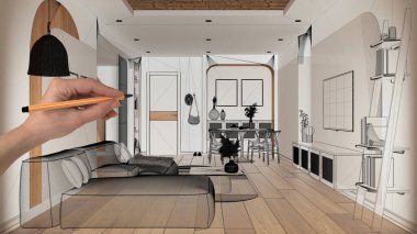 Parke zeminli boş beyaz iç döşeme, el çizimi özel mimari tasarım, siyah mürekkep çizimi, modern oturma ve yemek odasını gösteren plan, arka plan fikri