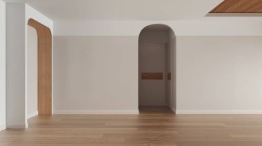 Boş oda iç tasarımı, meşe parke zeminli açık alan, ahşap dekorlu kemerli duvarlar, kapılar, kitaplık, baston tavan, modern mimari konsepti