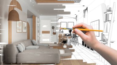 Proje taslağı, modern oturma ve yemek odasının taslağı, el boyası iç dekorasyon fikri, parke döşeme fikri, sandalyeli masa ve kanepeli özel mobilya.