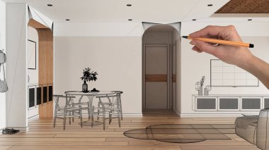 Parke zeminli boş beyaz iç döşeme, el çizimi özel mimari tasarım, siyah mürekkep çizimi, modern oturma ve yemek odasını gösteren plan, arka plan fikri