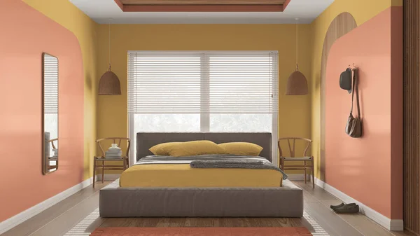 Moderne Houten Slaapkamer Oranje Tinten Master Fluwelen Bed Met Kussens — Stockfoto