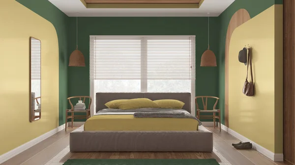 Modern wooden bedroom in green tones, master velvet bed with pillows and blanket, rattan pendant lamps, chairs, cloth hanger. Parquet, carpet, window with blinds. Interior design