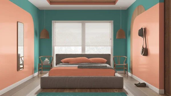 现代木制卧室 色调橙色和绿松石色 有枕头和毛毯的天鹅绒床 百叶窗室内设计 — 图库照片