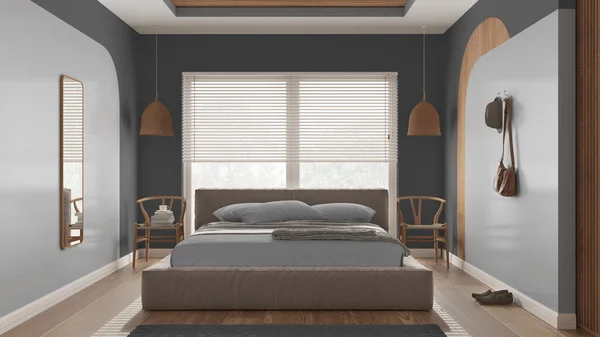 Dormitorio Moderno Madera Tonos Grises Cama Principal Terciopelo Con Almohadas — Foto de Stock