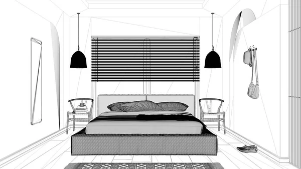 Проект Чертежа Современная Деревянная Спальня Бархатная Кровать Подушками Одеялом Лампы — стоковое фото