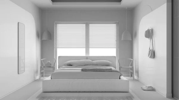 合計白いプロジェクトの草案は 現代の木製の寝室 枕と毛布 ペンダントランプ 布ハンガーとマスターベルベットのベッド パレット カーペット インテリアデザイン — ストック写真