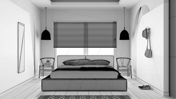 未完成のプロジェクトの草案は 現代の木製の寝室 枕と毛布 ペンダントランプ 布ハンガーとマスターベルベットのベッド パレット カーペット インテリアデザイン — ストック写真