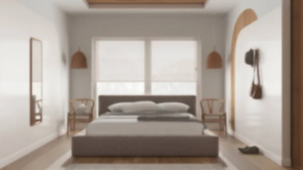 模糊的背景 现代木制卧室 有枕头和毛毯的主人卧室 藤条吊灯 布衣架 百叶窗室内设计 — 图库照片
