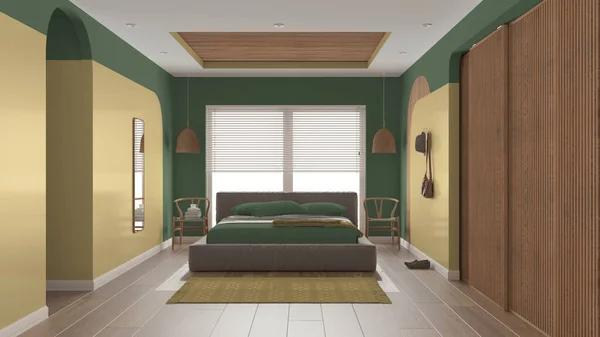 Modern wooden bedroom in green tones, master velvet bed with pillows and blanket, rattan pendant lamps, chairs, cloth hanger. Parquet, carpet, window, sliding door. Interior design