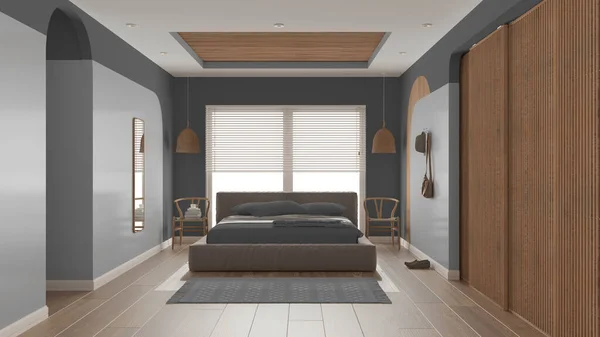 Gri Tonlu Modern Ahşap Yatak Odası Yastıklı Battaniyeli Kadife Yatak — Stok fotoğraf