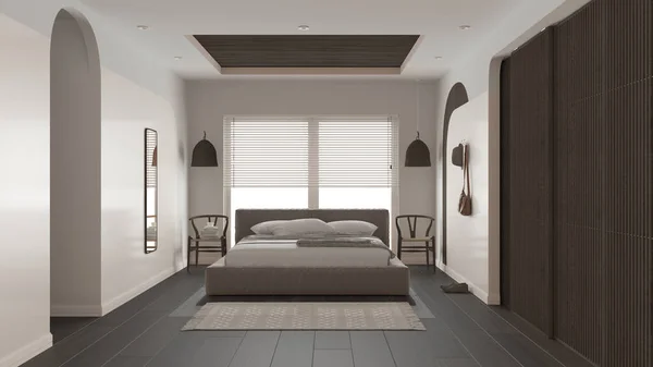 Modern wooden bedroom in dark tones, master velvet bed with pillows and blanket, rattan pendant lamps, chairs, cloth hanger. Parquet, carpet, window, sliding door. Interior design