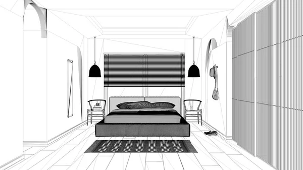 Проект Чертежа Современная Деревянная Спальня Бархатная Кровать Подушками Одеялом Подвесные — стоковое фото