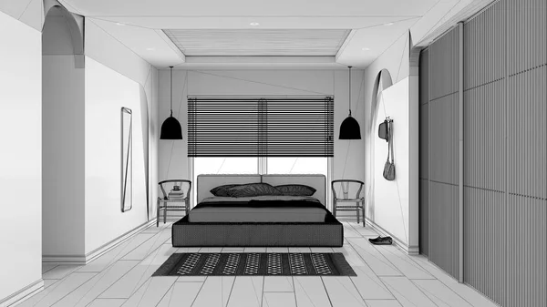 项目未完成草案 现代木制卧室 主天鹅绒床与枕头和毛毯 滑动门室内设计 — 图库照片