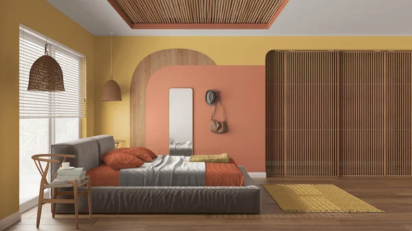 Modern ahşap yatak odası turuncu tonlarda, yastıklı ve battaniyeli kadife yatak, rattan lambaları, ayna, sandalyeler, elbise askısı. Parke, halı, pencere, sürgülü kapı. İç tasarım