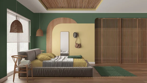 Modern wooden bedroom in green tones, master velvet bed with pillows and blanket, rattan lamps, mirror, chairs, cloth hanger. Parquet, carpet, window, sliding door. Interior design