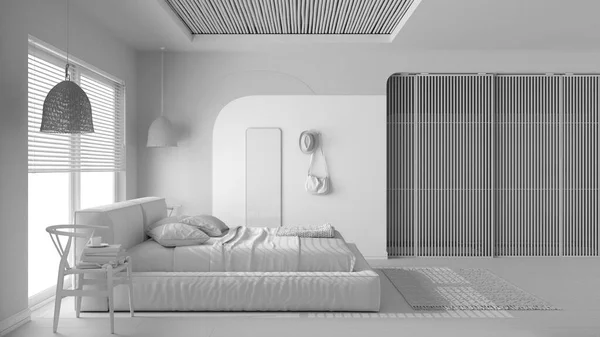 合計白いプロジェクトの草案は 現代の木製の寝室 ペンダントランプ 椅子や布ハンガーとマスターベルベットのベッド パレット カーペット スライドドア インテリアデザイン — ストック写真