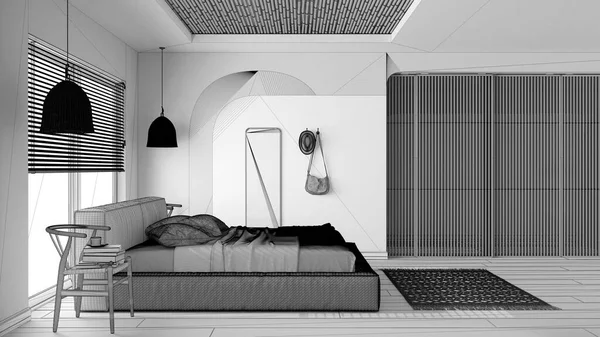 Незавершенный Проект Современная Деревянная Спальня Бархатная Кровать Подушками Подвесные Лампы — стоковое фото